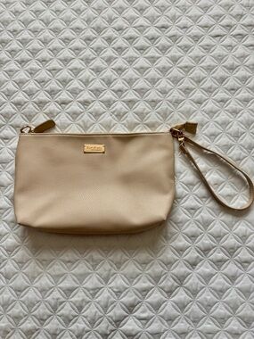 bebe Beige Faux Leather Clutch Pouch Wristlet Adjustable Strap Gold Tone Accents